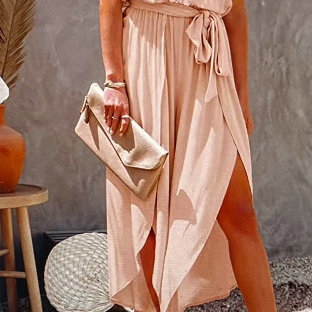 Women's Removable Strap Flowy Jumpsuit Tube Top Wide Leg Pants Romper with Belt